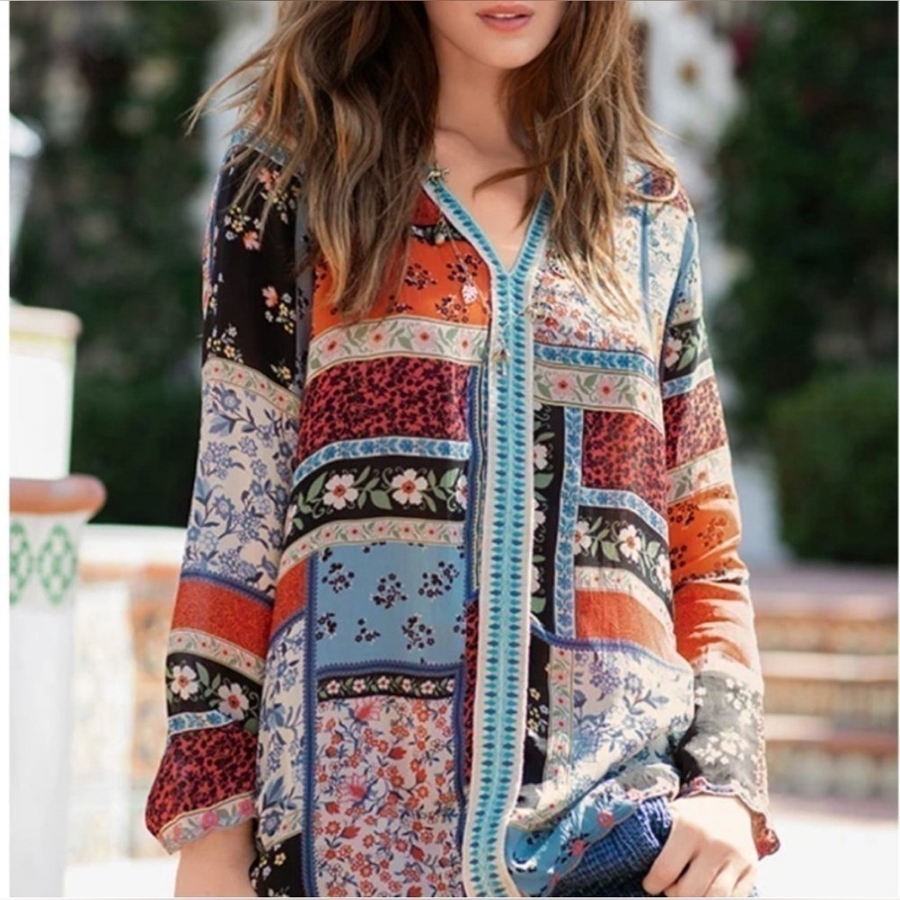 Johnny Was Women Top Multi Eulia Floral VNeck Long Sleeve Blouse Boho Chic Large